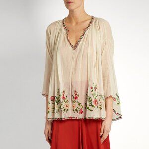 MES DEMOISELLES “JOSEPHA” FLOWER EMBROIDERED COTTON SMOCK BLOUSE BOHO SZ 4